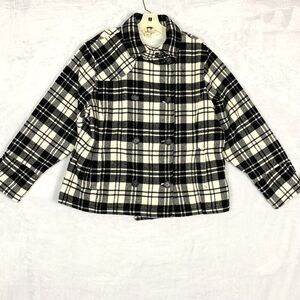 Woolrich Women's L Moccasin Plaid Black White Pea Coat Jacket Wool Nylon